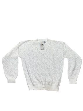 Lavane New York White V-Neck Sweater Medium Textured Diamond Pattern NEW Vintage